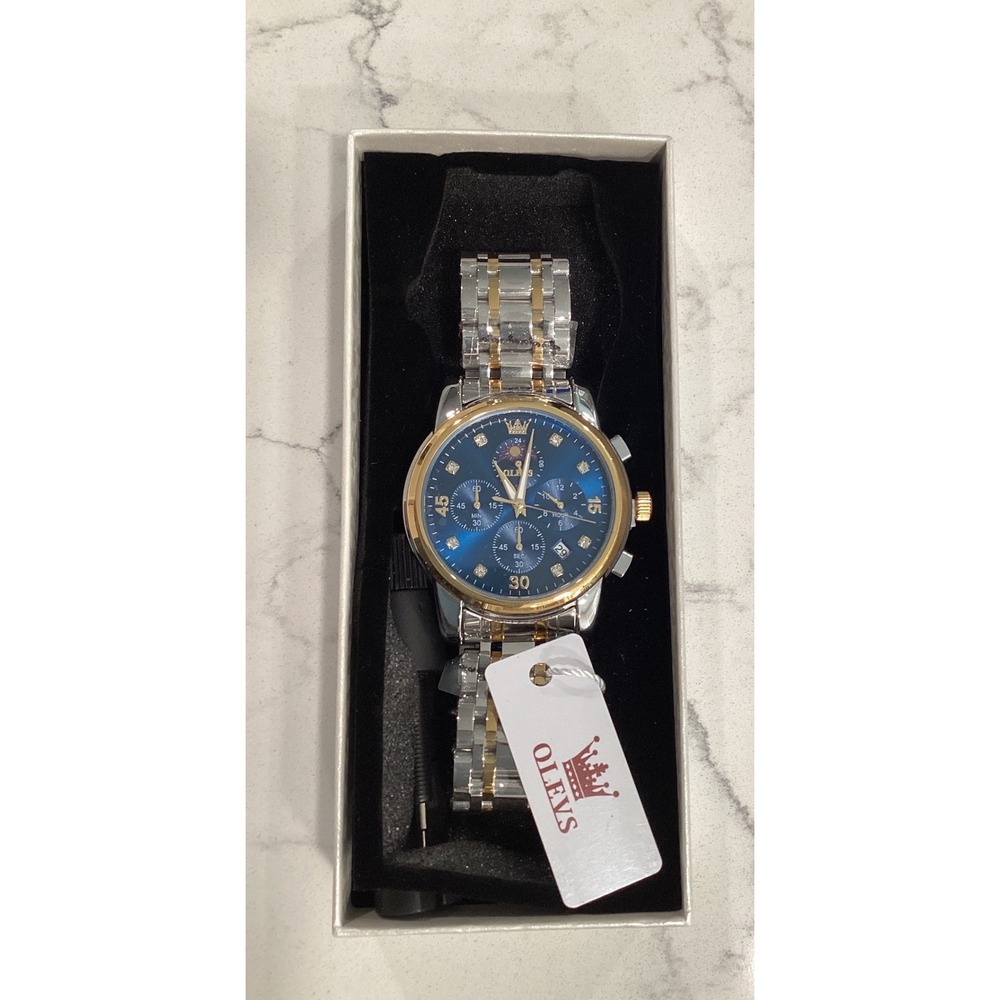 OLEVS Mens Chronograph Watch Blue Dial Two Tone Stainless Steel Moon Phase New